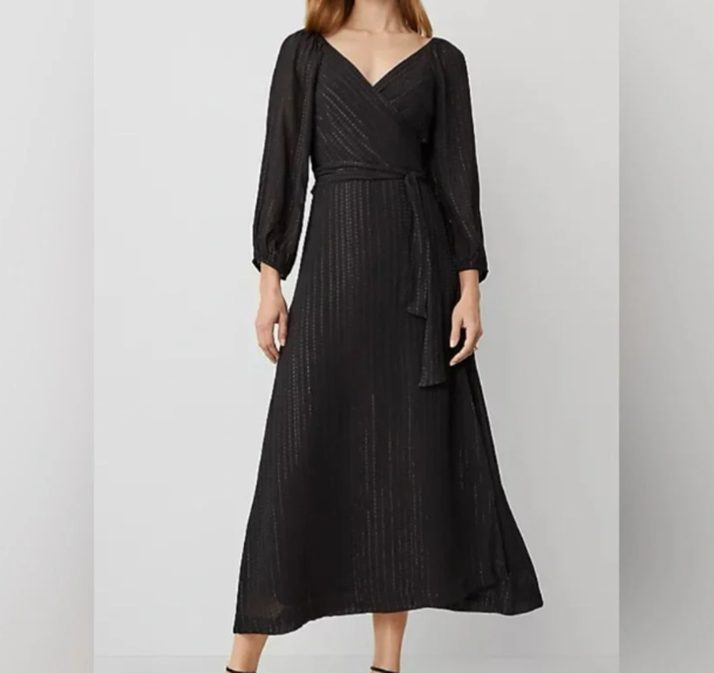 Ann Taylor Black Metallic Stripe Wrap Midi Dress Balloon Sleeve Size 8